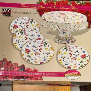 Classic Solutions By Jay Floral Pedestal Cake Plate Stand with 4 Dessert plates